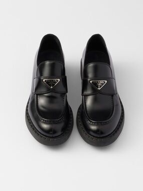 Prada Chocolate Brushed Leather Loafers Silver Black Metal Triangle Logo